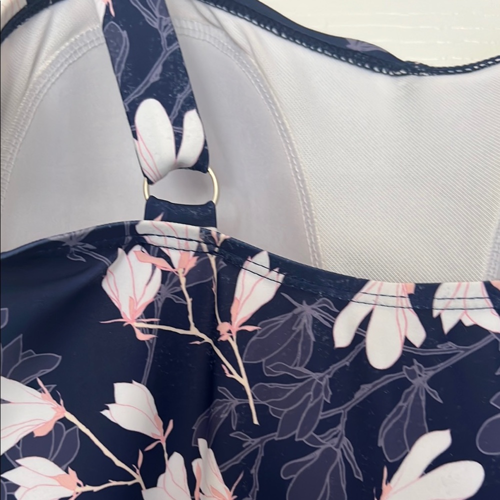 Blue and White Floral One-Piece Swimsuit with Ruffles - Picture 10 of 17